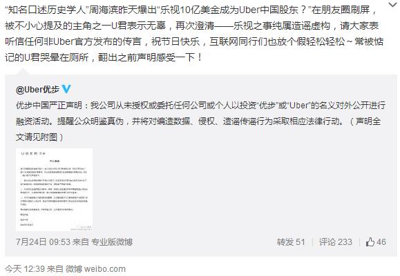 樂視10億美元入股Uber中國？雙方紛紛澄清不可能