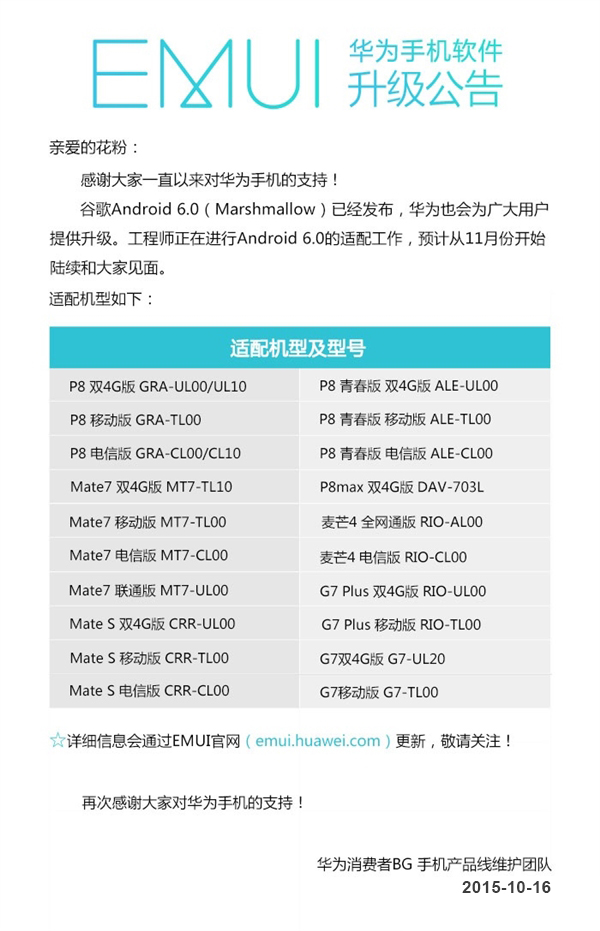 華為、榮耀Android 6.0升級(jí)名單曝光，11月推送