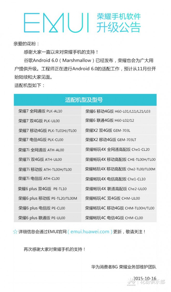 華為、榮耀Android 6.0升級(jí)名單曝光，11月推送