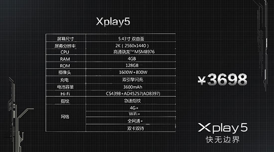 曲面屏6G內存，vivo Xplay5發(fā)布3698元起