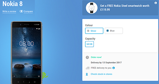 諾基亞8在英售價(jià)4218元，購(gòu)買(mǎi)即送Nokia Steel手表