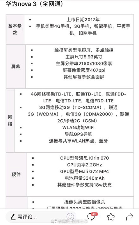 華為nova 3現(xiàn)身工信部：高顏值全面屏+正面指紋設計